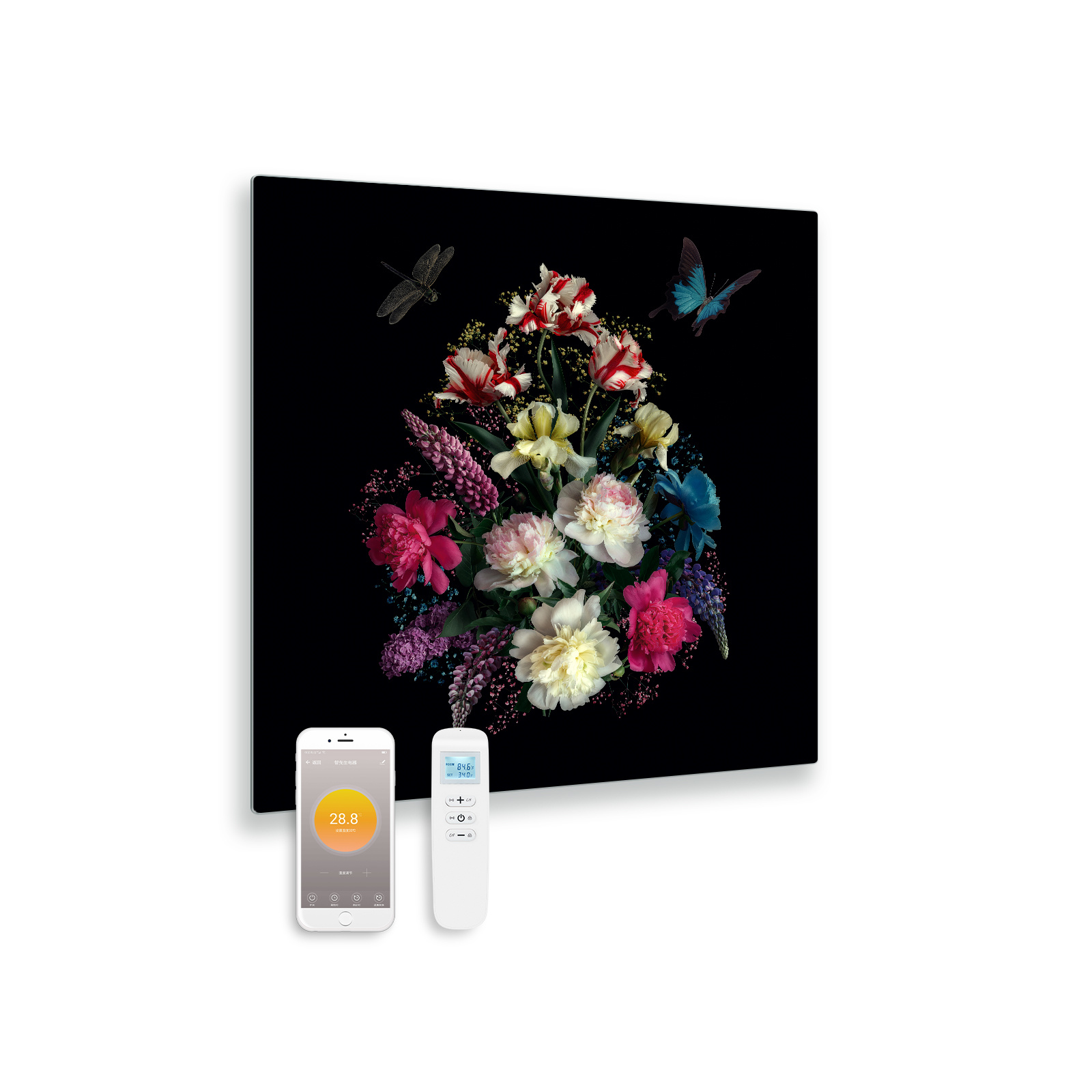 Quality Heating Bedrukt glazen infraroodpaneel met wifi en afstandsbediening boeket 79x59 450W