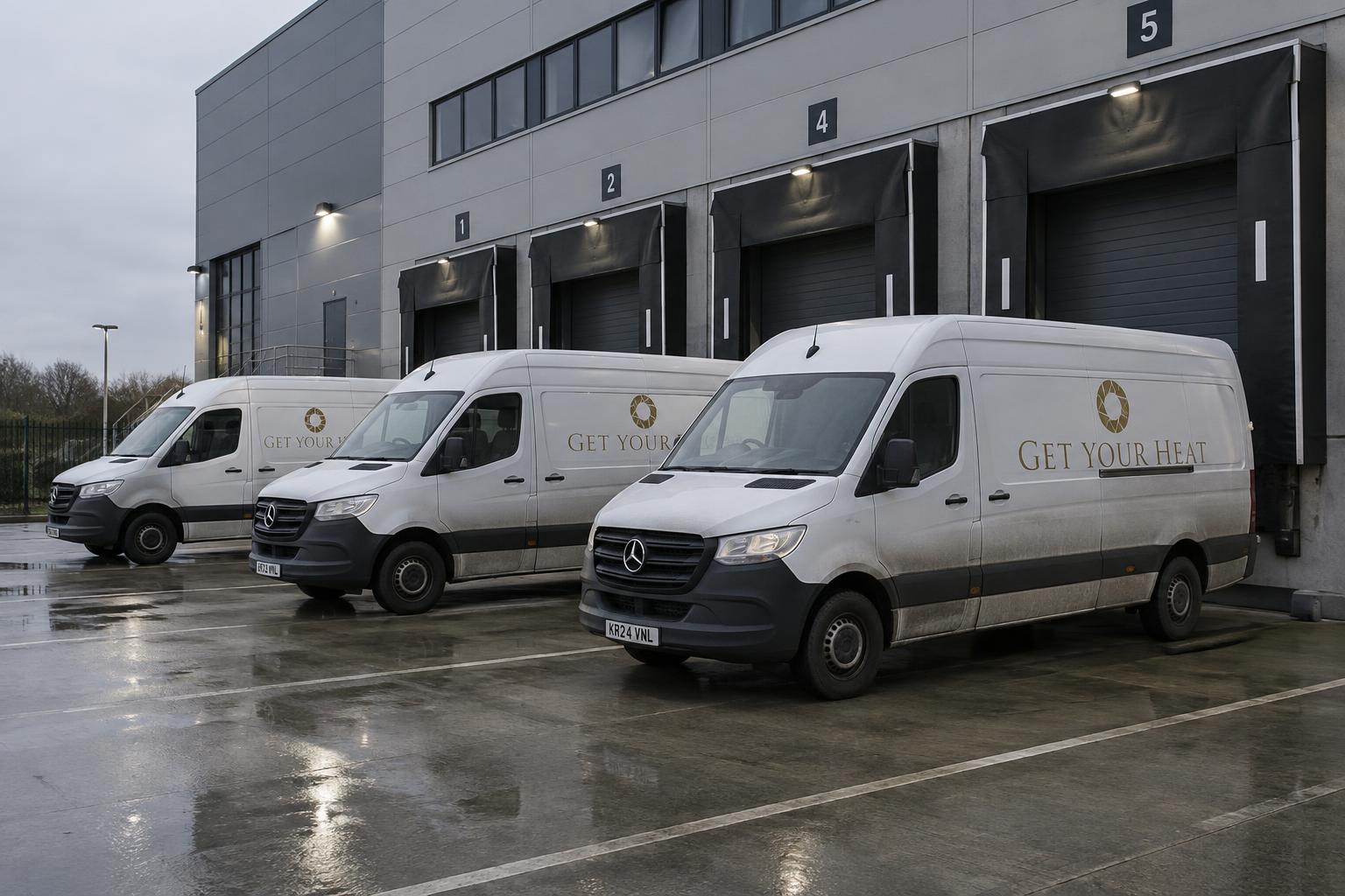 Bestelwagens van Get Your Heat met het gouden logo, klaar voor vertrek aan de laadkades van het distributiecentrum